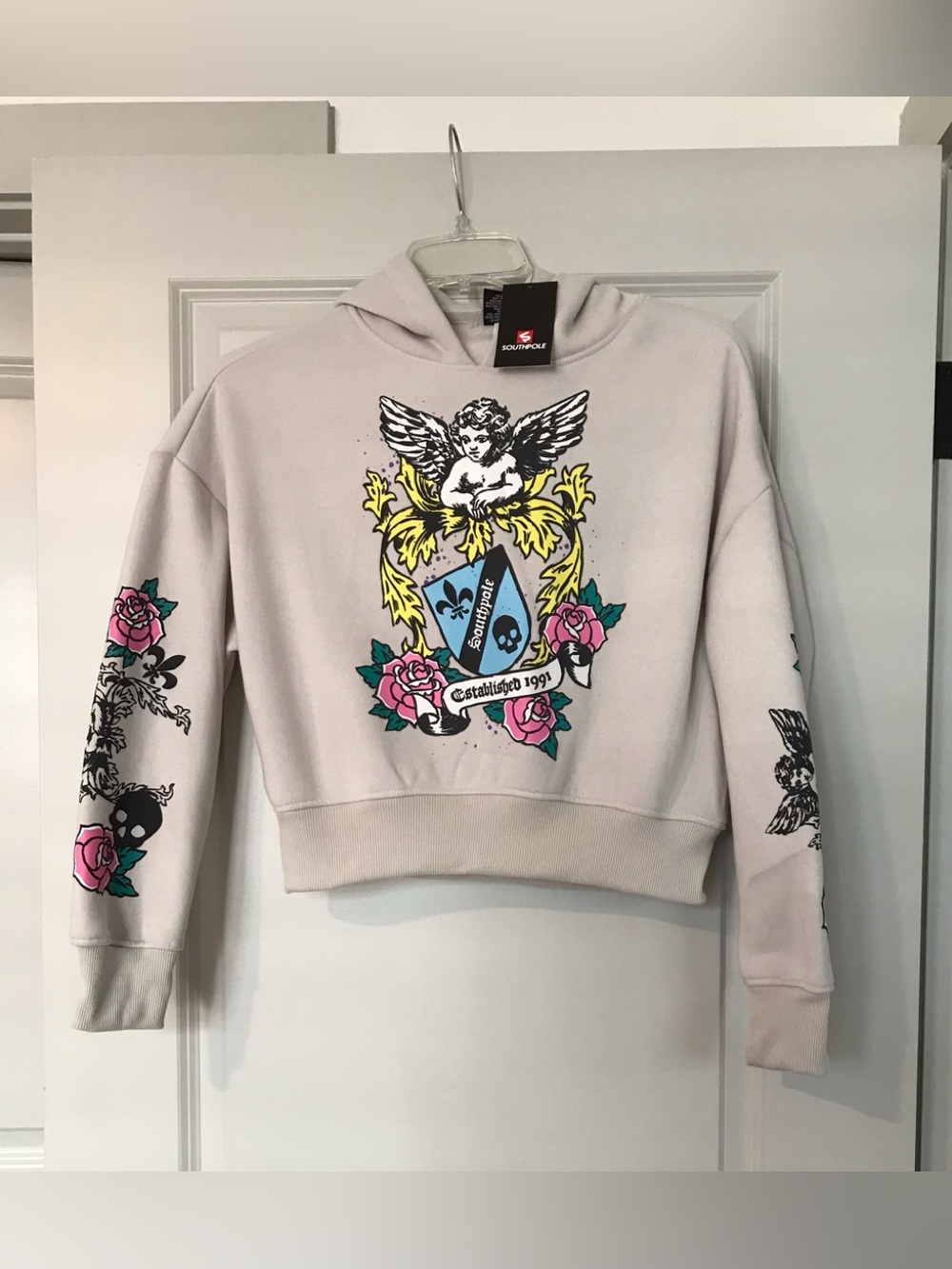 NWT-South Pole Cream Graphic Cropped Hoodie with Floral Crest